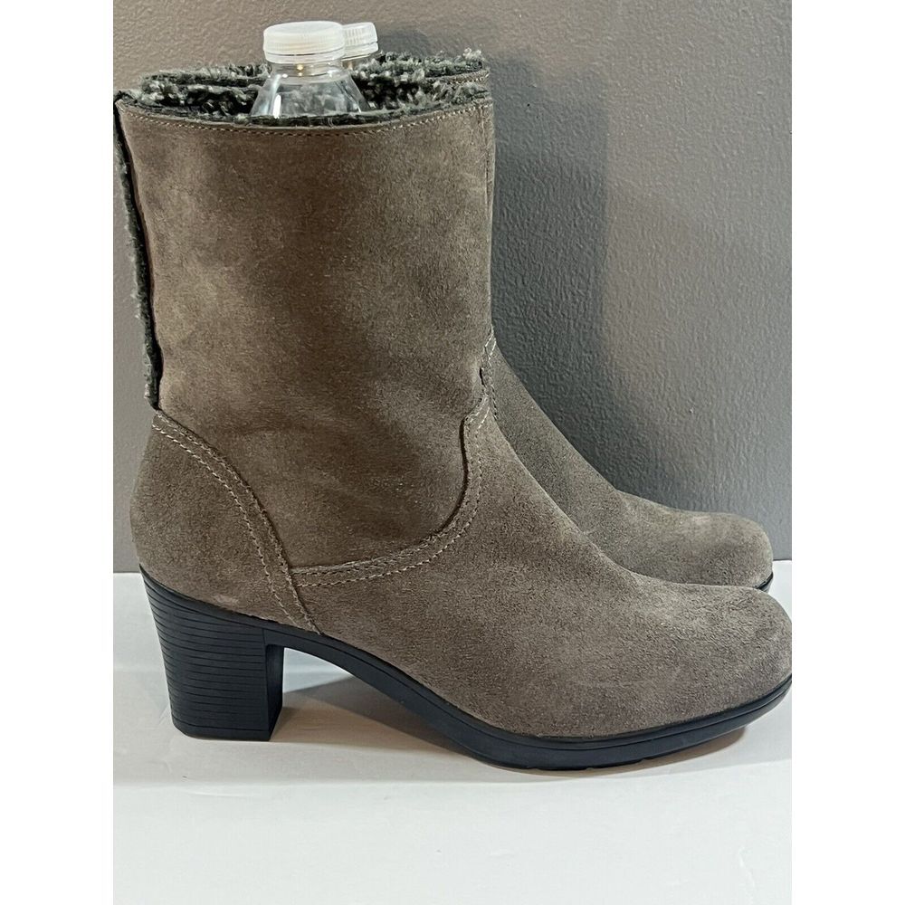 Clarks Bendables Mid Calf Boots Women 8.5 Gray Suede Leather Zip Fleece Sherpa